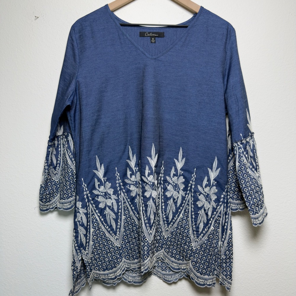 Caleesa Women Cotton Tunic Top M Blue Embroidered Eyelet Western Boho Lagenlook